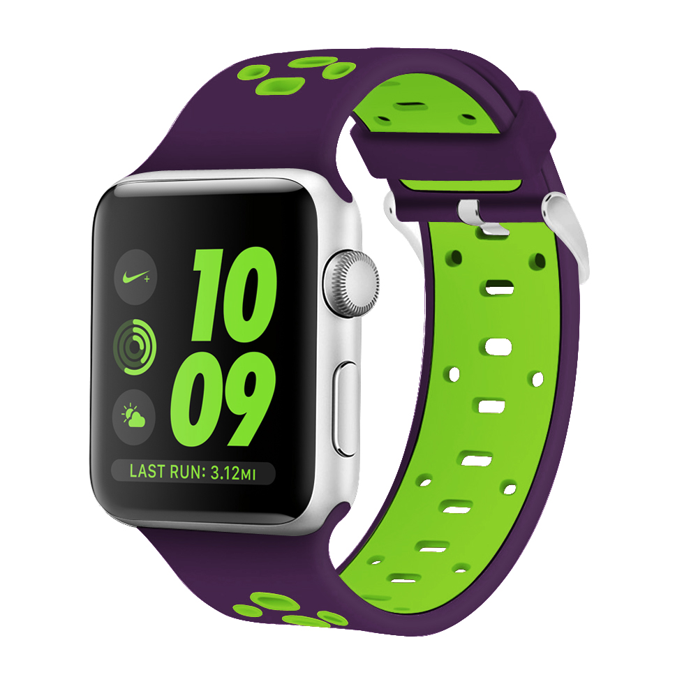 Ew-awpsp38-pg 38 Mm Breathable Silicone Sport Band For Apple Watch - Purple & Fluorescent Green