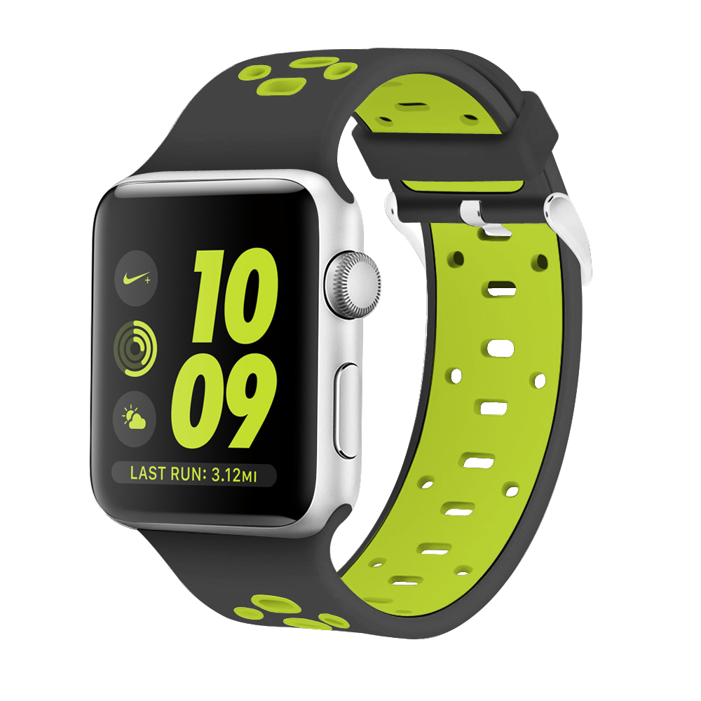 Ew-awpsp38-bg 38 Mm Breathable Silicone Sport Band For Apple Watch - Black & Light Green