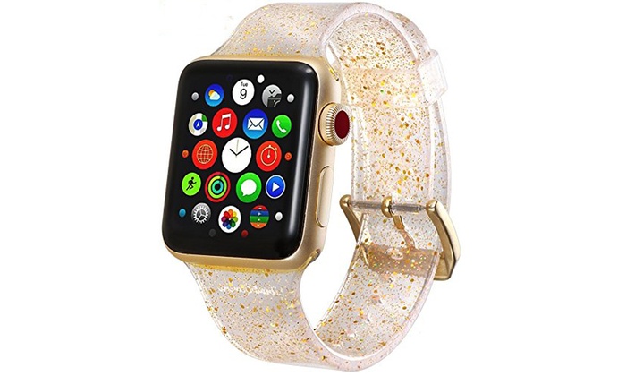 Ew-awgt142-gd 42 Mm Silicone Bling Glitter Band With Buckle Closure Version For Apple Watch - Gold