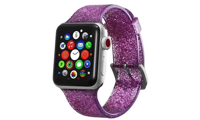 Ew-awgt142-pl 42 Mm Silicone Bling Glitter Band With Buckle Closure Version For Apple Watch - Purple