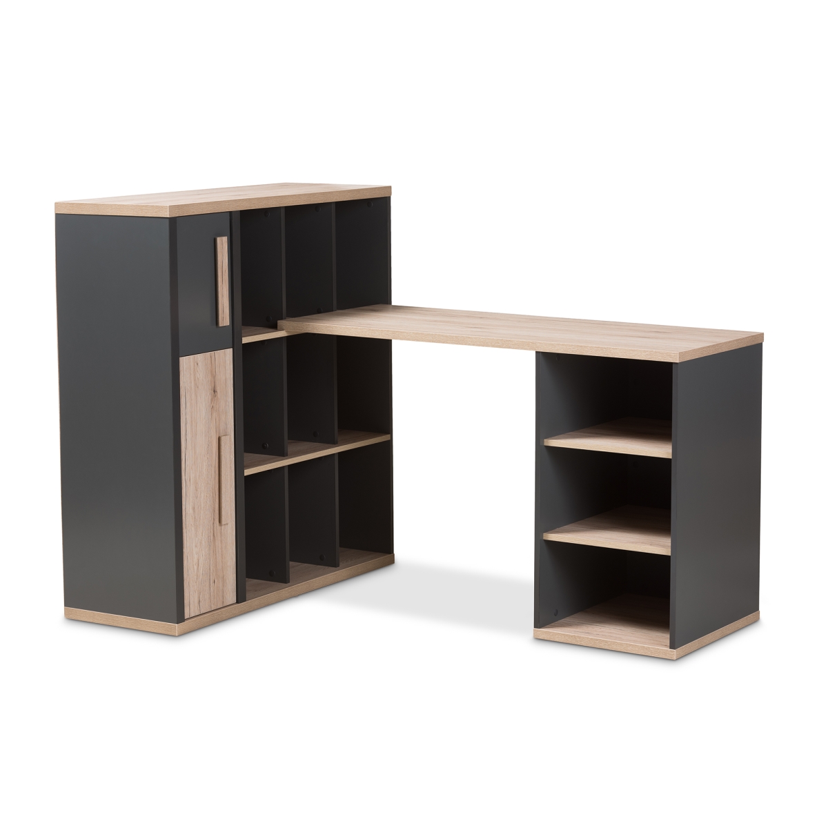 Wt970010-dark Grey-white Oak Pandora Modern & Contemporary Dark Grey & Light Brown Two - Tone Study Desk With Built-in Shelving Unit