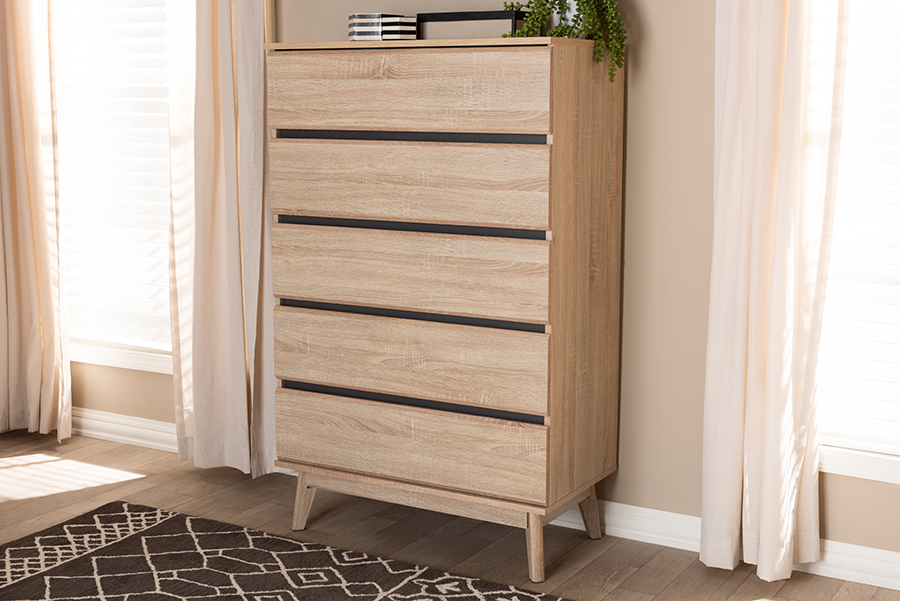 SECOD5014-Hana Oak & Dark Grey-5DW-Chest Miren Mid-Century Modern 5 Drawer Chest - Light Oak Brown & Dark Grey