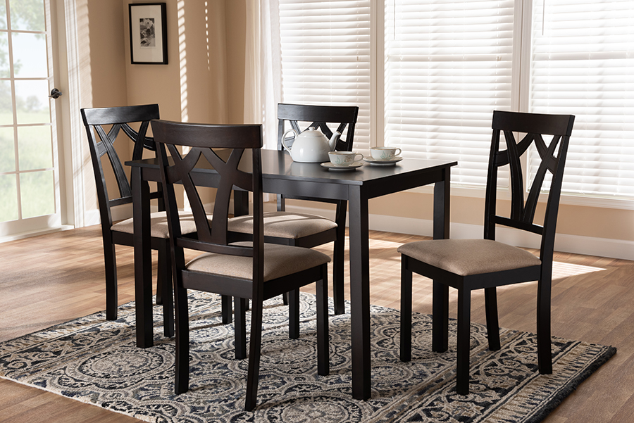 RH146C-Dark Brown-Sand Dining Set Sylvia Modern & Contemporary Espresso Brown Finished & Sand Fabric Upholstered Dining Set - 5-Piece