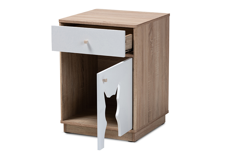 Sechc150020wi-hana Oak-white-cat House Engel Modern & Contemporary Two-tone Oak & White Finished 1-door Wood Cat Litter Box Cover House