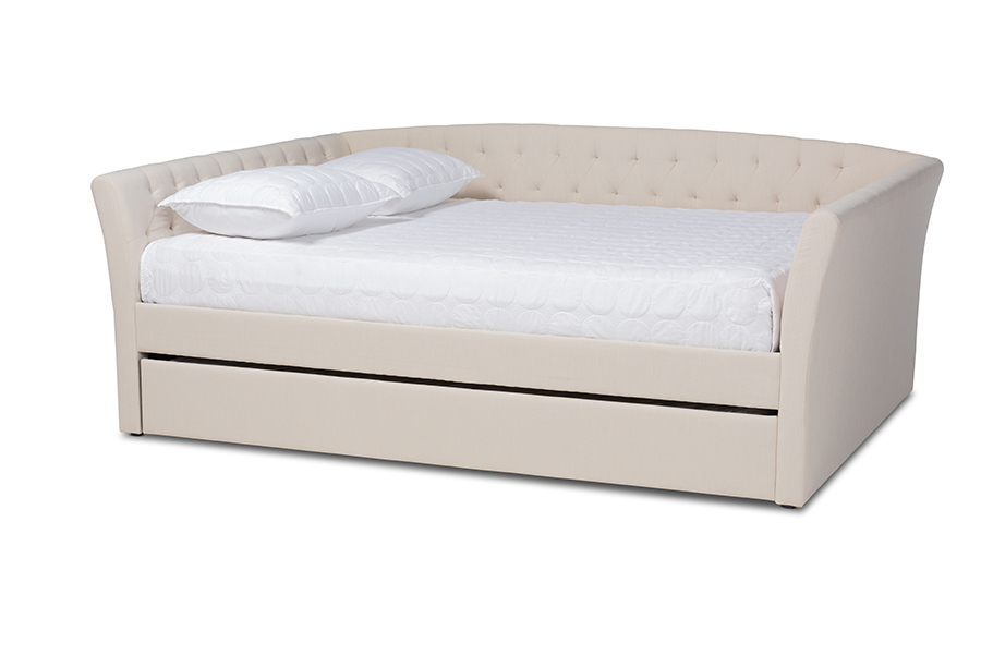 Cf9044-beige-daybed-q-t Delora Modern & Contemporary Beige Fabric Upholstered Daybed With Roll-out Trundle Bed - Queen Size