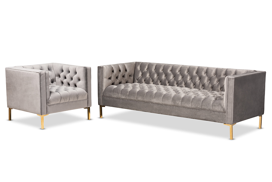 Tsf-7723-grey-gold-2pc Set Zanetta Glam & Luxe Gray Velvet Upholstered Gold Finished Sofa & Lounge Chair Set - 2 Piece
