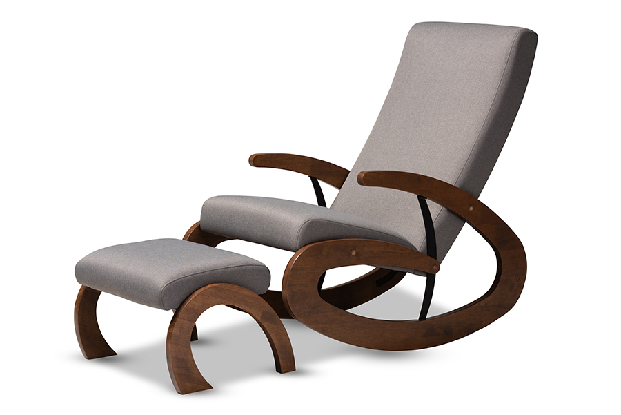 Bbt5317-grey-otto-set Kaira Modern & Contemporary Gray Fabric Upholstered & Walnut-finished Wood Rocking Chair & Ottoman Set - 2 Piece