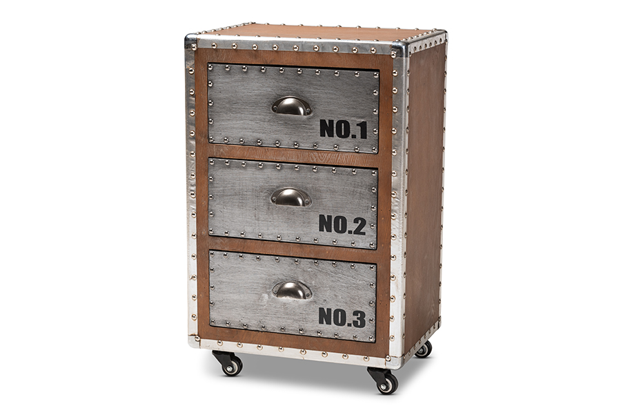 Dsg17a108-light Brown-ns Avere French Industrial Brown Wood & Silver Metal 3-drawer Rolling Nightstand