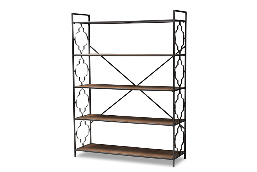 Fj2a021-black-shelf Mirna Industrial Black Iron Metal & Natural-oak Wood 5-shelf Quatrefoil Accent Bookcase