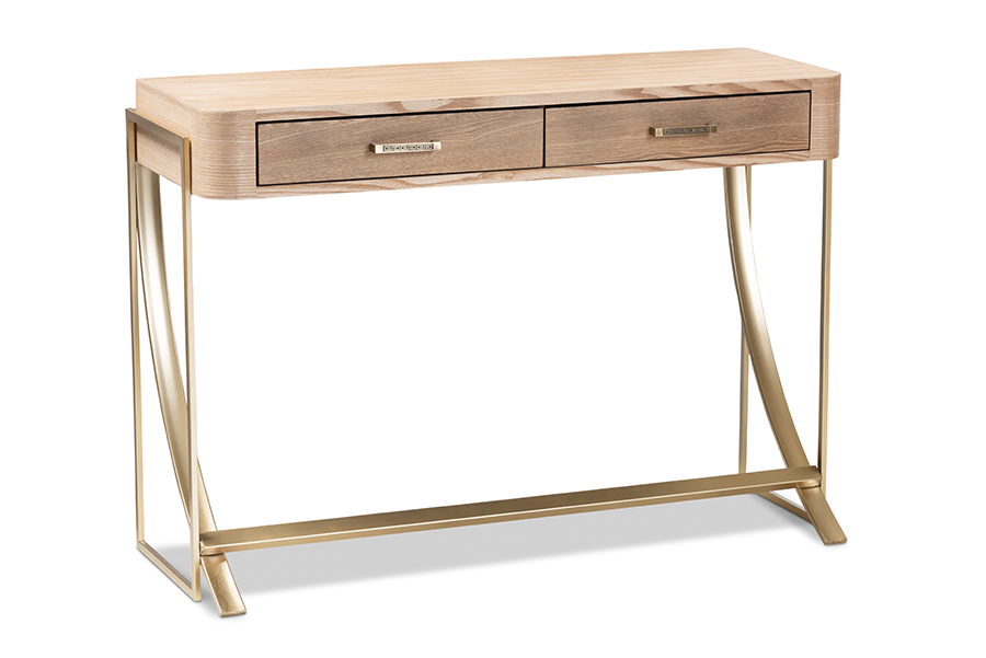 Fj2a034-light Brown-console Lafoy Modern & Contemporary Natural & Brown Finished Wood & Gold Finished 2-drawer Console Table