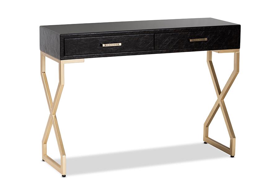 Fj2a035-dark Brown-console Carville Modern & Contemporary Dark Brown Faux Leather Upholstered Gold Finished 2-drawer Console Table