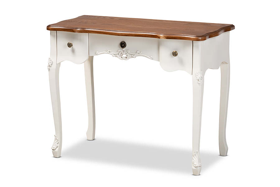 132050-white-console Sophie Classic Traditional French Country White & Brown Finished 3-drawer Wood Console Table - Small