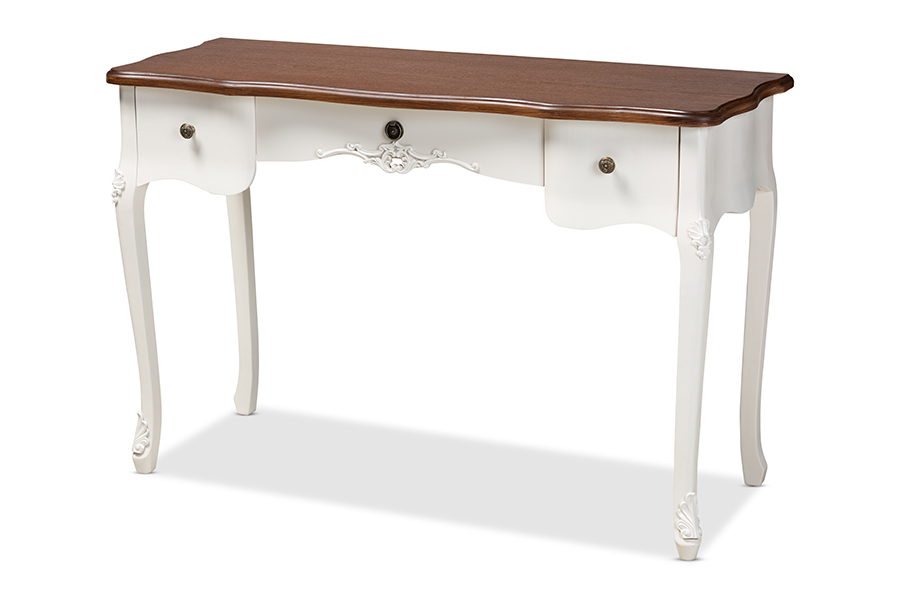 132051-white-console Sophie Classic Traditional French Country White & Brown Finished 3-drawer Wood Console Table - Large