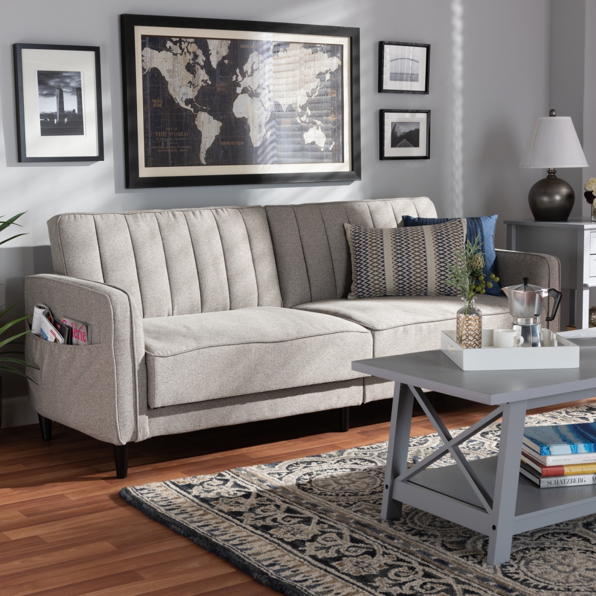 3042a-grey-sf Colby Mid-century Modern Fabric Upholstered Sleeper Sofa, Light Grey