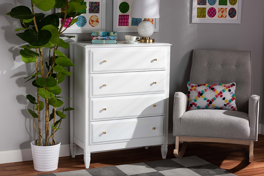 MG0038-White-4DW-Chest Baxton Studio Naomi Classic & Transitional White Finished Wood 4-Drawer Bedroom Chest