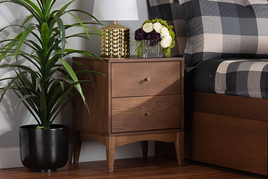 MG9002-Ash Walnut-2DW-NS Landis Mid-Century Modern Wood 2-Drawer Nightstand, Ash Walnut & Gold