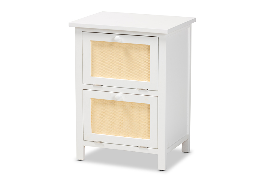Picture of Baxton Studio FMA-0176-Wooden 2 Drawer-NS Sariah Mid-Century Modern White Finished Wood & Rattan 2-Door Nightstand