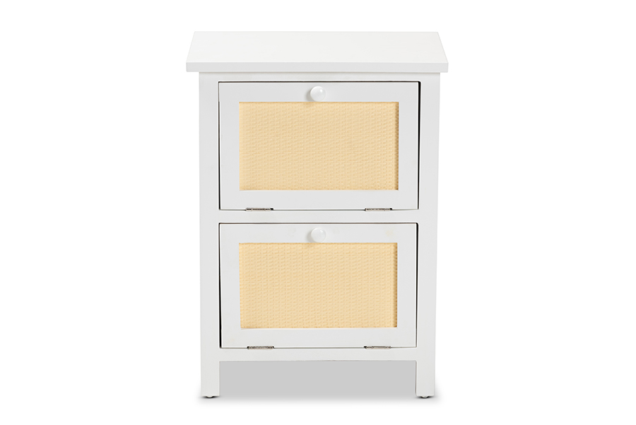 Picture of Baxton Studio FMA-0176-Wooden 2 Drawer-NS Sariah Mid-Century Modern White Finished Wood & Rattan 2-Door Nightstand