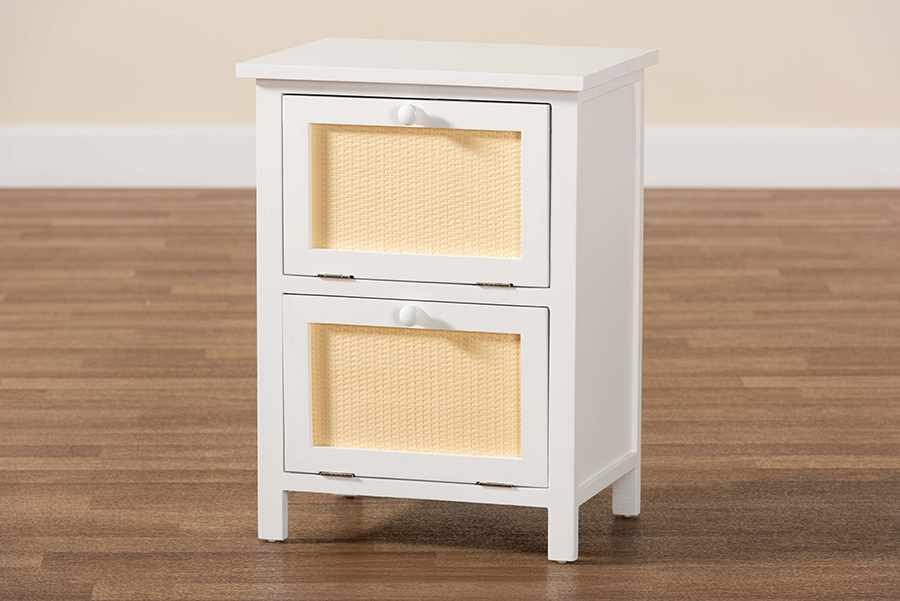 Picture of Baxton Studio FMA-0176-Wooden 2 Drawer-NS Sariah Mid-Century Modern White Finished Wood & Rattan 2-Door Nightstand