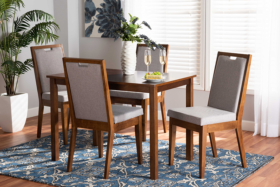 Rosa-Grey-Walnut-5PC Dining Set Rosa Modern & Contemporary Gray Fabric Upholstered & Walnut Brown Wood 5 Piece Dining Set