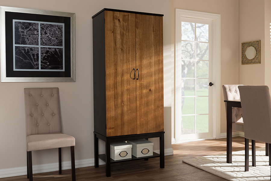 Picture of Baxton Studio RT451-OCC-2CTN Marya Mid-Century Modern Two-Tone Solid Rubberwood MDF Veneered Wine Cabinet, Dark Brown & Walnut