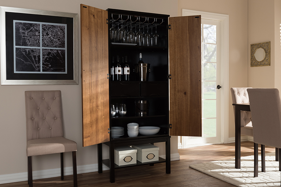 Picture of Baxton Studio RT451-OCC-2CTN Marya Mid-Century Modern Two-Tone Solid Rubberwood MDF Veneered Wine Cabinet, Dark Brown & Walnut