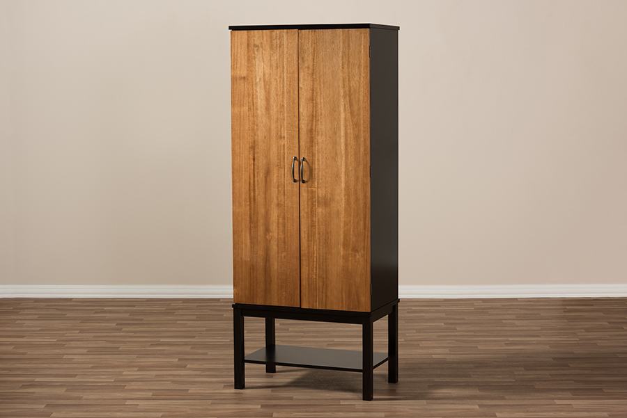 Picture of Baxton Studio RT451-OCC-2CTN Marya Mid-Century Modern Two-Tone Solid Rubberwood MDF Veneered Wine Cabinet, Dark Brown & Walnut