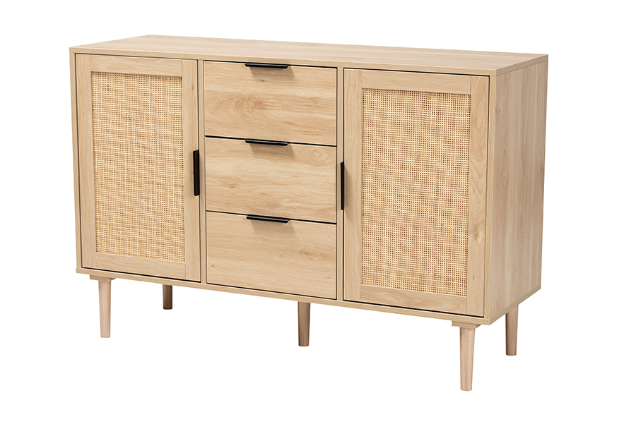 Picture of Baxton Studio 193271356324 47.2 x 15.7 x 31.5 in. Harrison Mid-Century Modern Natural Brown & Black Wood & Natural Rattan 3-Drawer Sideboard