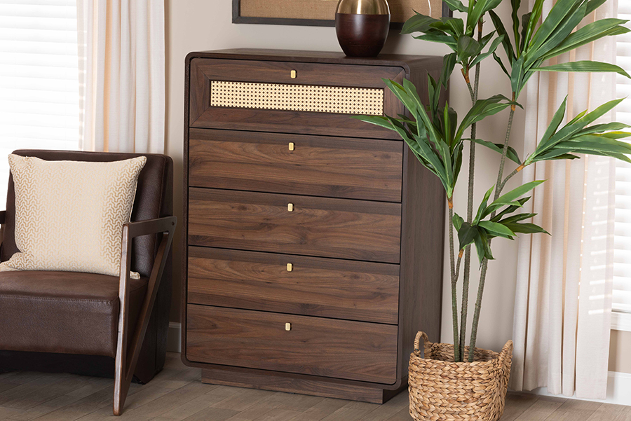 193271410033 31.50 x 15.70 x 44.70 in. Jenibelle Classic Wood 5-Drawer Chest with Rattan Drawer, Walnut Brown