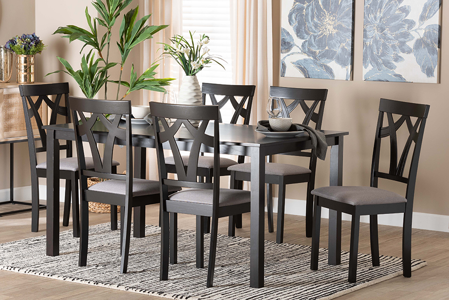 193271305612 Sylvia Modern Gray Fabric & Dark Brown Finished Wood Dining Set - 7 Piece