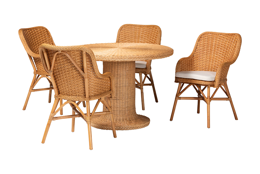 Picture of Bali & Pari 193271491452 29.50 x 42.10 x 42.10 in. Wistan 5 Piece Rattan Dining Set & Round Wicker Table with Pedestal Base & 4 Armchairs, Light Honey