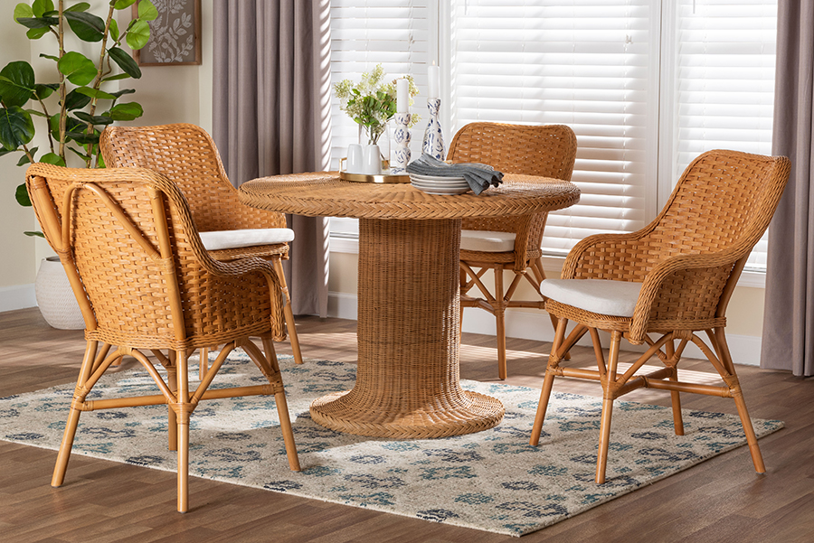 Picture of Bali & Pari 193271491452 29.50 x 42.10 x 42.10 in. Wistan 5 Piece Rattan Dining Set & Round Wicker Table with Pedestal Base & 4 Armchairs, Light Honey