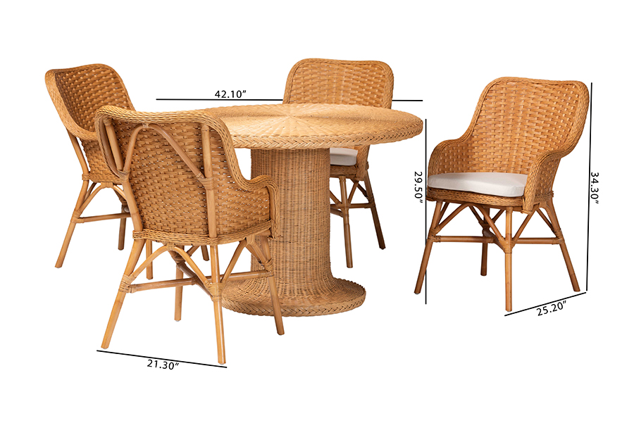 Picture of Bali & Pari 193271491452 29.50 x 42.10 x 42.10 in. Wistan 5 Piece Rattan Dining Set & Round Wicker Table with Pedestal Base & 4 Armchairs, Light Honey