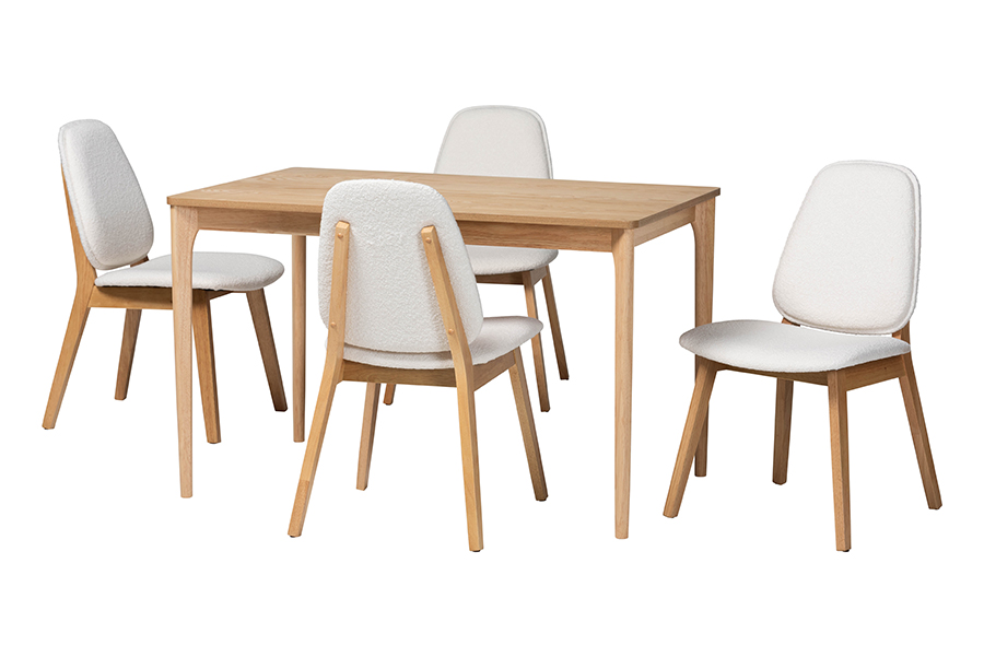 Picture of Baxton Studio 193271465538 29.50 x 47.20 x 29.90 in. Hudson 5 Piece Solid Wood Rectangular Dining Set with Boucle Upholstered Chair, White & Natural Brown
