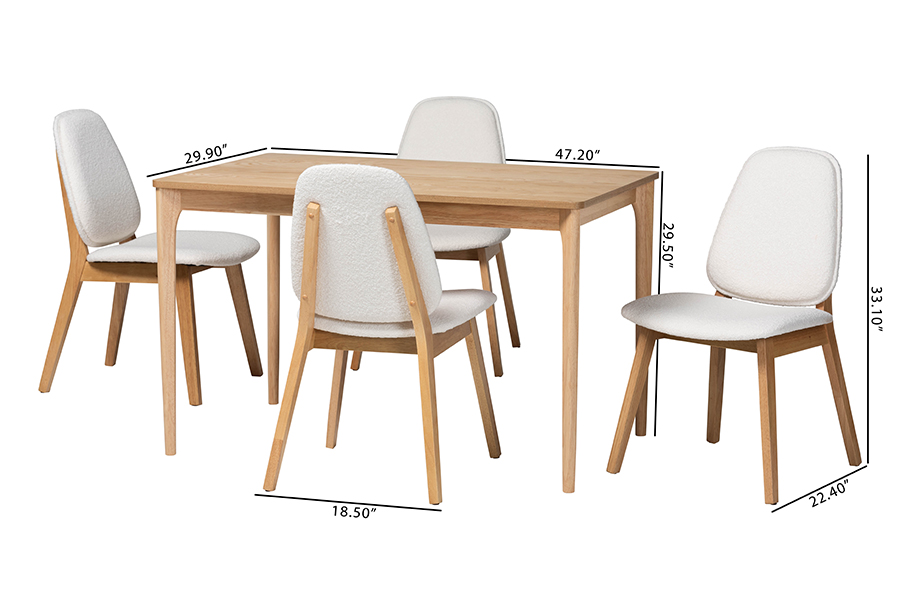 Picture of Baxton Studio 193271465538 29.50 x 47.20 x 29.90 in. Hudson 5 Piece Solid Wood Rectangular Dining Set with Boucle Upholstered Chair, White & Natural Brown