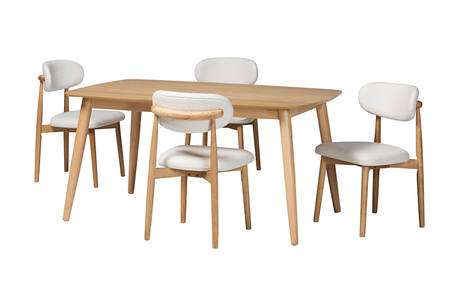 Picture of Baxton Studio 193271465521 29.50 x 59.10 x 35.40 in. Emily 5 Piece Solid Wood Rectangular Dining Set with Boucle Upholstered Chair, White & Natural Brown
