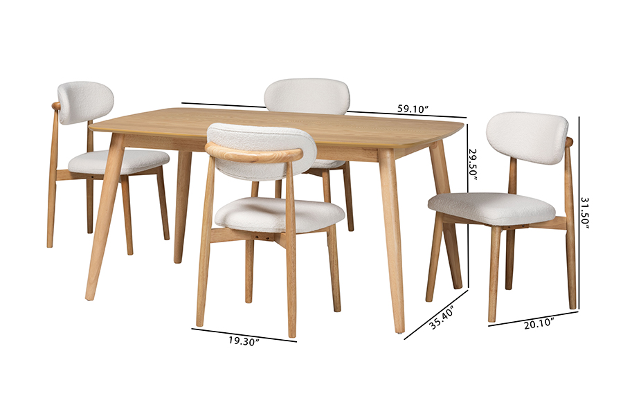 Picture of Baxton Studio 193271465521 29.50 x 59.10 x 35.40 in. Emily 5 Piece Solid Wood Rectangular Dining Set with Boucle Upholstered Chair, White & Natural Brown