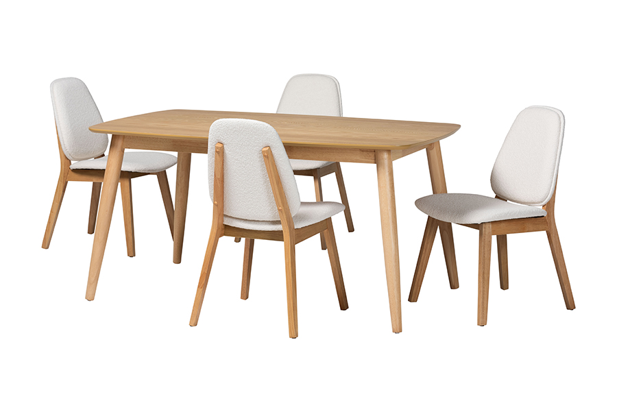 Picture of Baxton Studio 193271465545 29.50 x 59.10 x 35.40 in. Jennica 5 Piece Solid Wood Rectangular Dining Set with Boucle Upholstered Chair, White & Natural Brown