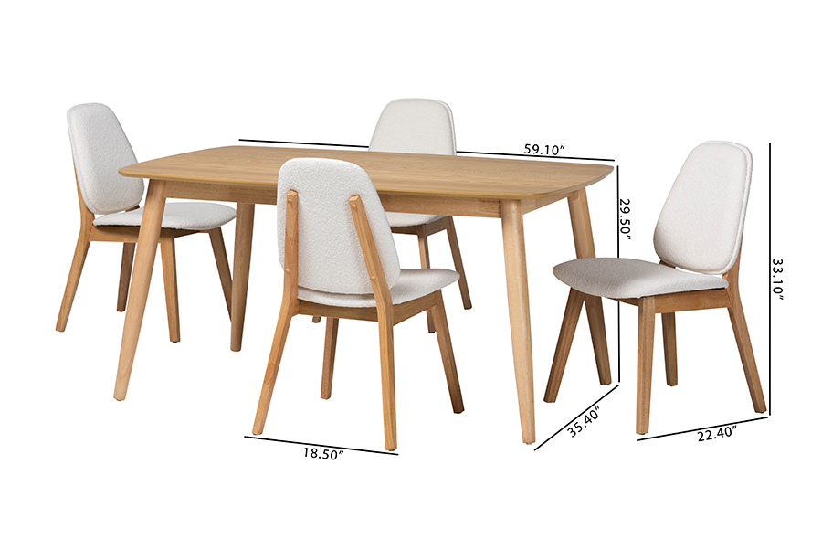Picture of Baxton Studio 193271465545 29.50 x 59.10 x 35.40 in. Jennica 5 Piece Solid Wood Rectangular Dining Set with Boucle Upholstered Chair, White & Natural Brown