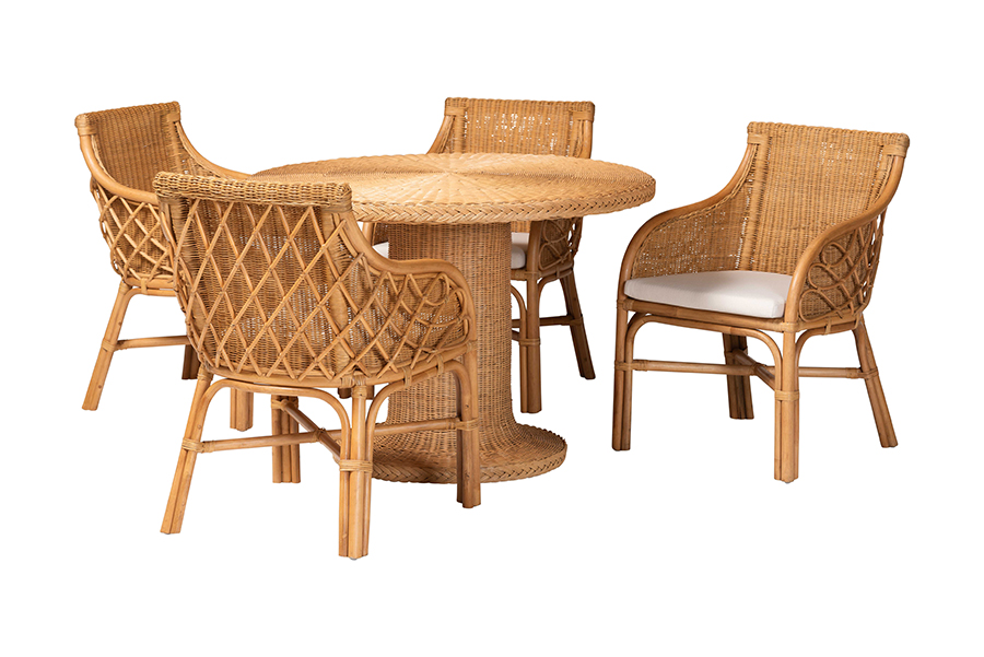 Picture of Bali & Pari 193271491445 29.50 x 42.10 x 42.10 in. Wymond 5 Piece Rattan Dining Set - Round Wicker Table with Pedestal Base & 4 Armchairs, Light Honey