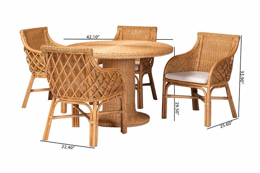 Picture of Bali & Pari 193271491445 29.50 x 42.10 x 42.10 in. Wymond 5 Piece Rattan Dining Set - Round Wicker Table with Pedestal Base & 4 Armchairs, Light Honey