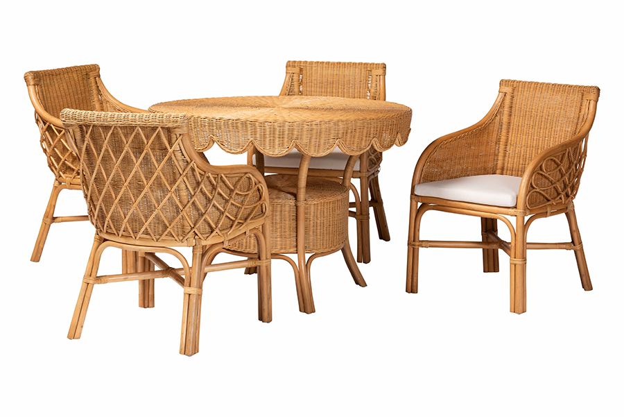 Picture of Bali & Pari 193271491568 30.30 x 41.70 x 41.70 in. Tudor 5 Piece Rattan Dining Set - Round Wicker Table with Scallop Edge & 4 Armchairs, Light Honey