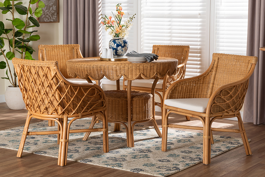 Picture of Bali & Pari 193271491568 30.30 x 41.70 x 41.70 in. Tudor 5 Piece Rattan Dining Set - Round Wicker Table with Scallop Edge & 4 Armchairs, Light Honey