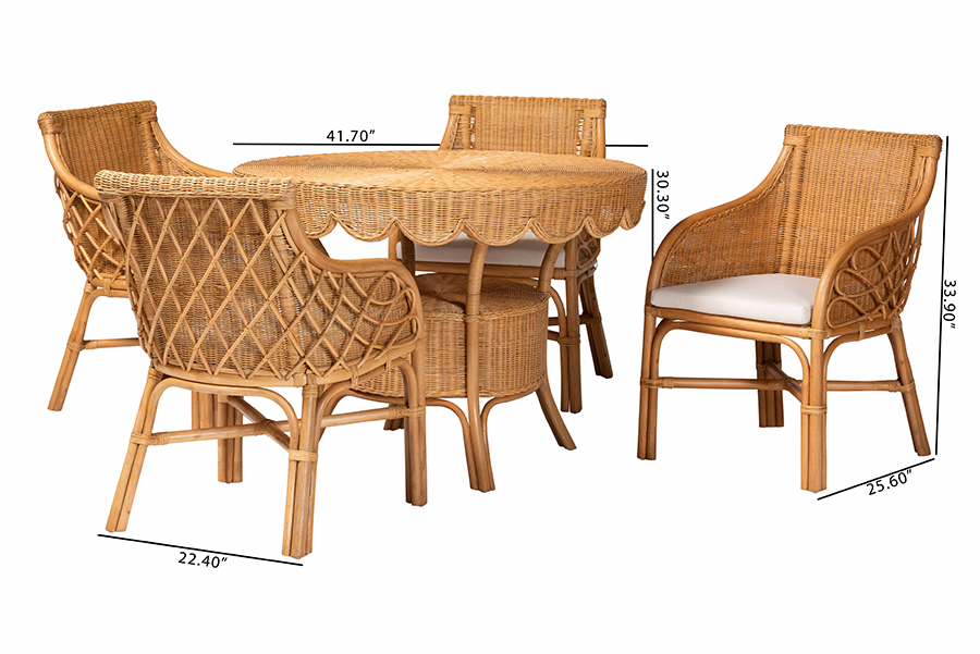 Picture of Bali & Pari 193271491568 30.30 x 41.70 x 41.70 in. Tudor 5 Piece Rattan Dining Set - Round Wicker Table with Scallop Edge & 4 Armchairs, Light Honey