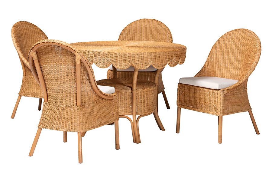 Picture of Bali & Pari 193271491544 30.30 x 41.70 x 41.70 in. Tyrone 5 Piece Round Wicker Table Rattan Dining Set with Scallop Edge & 4 Side Chair, Light Honey