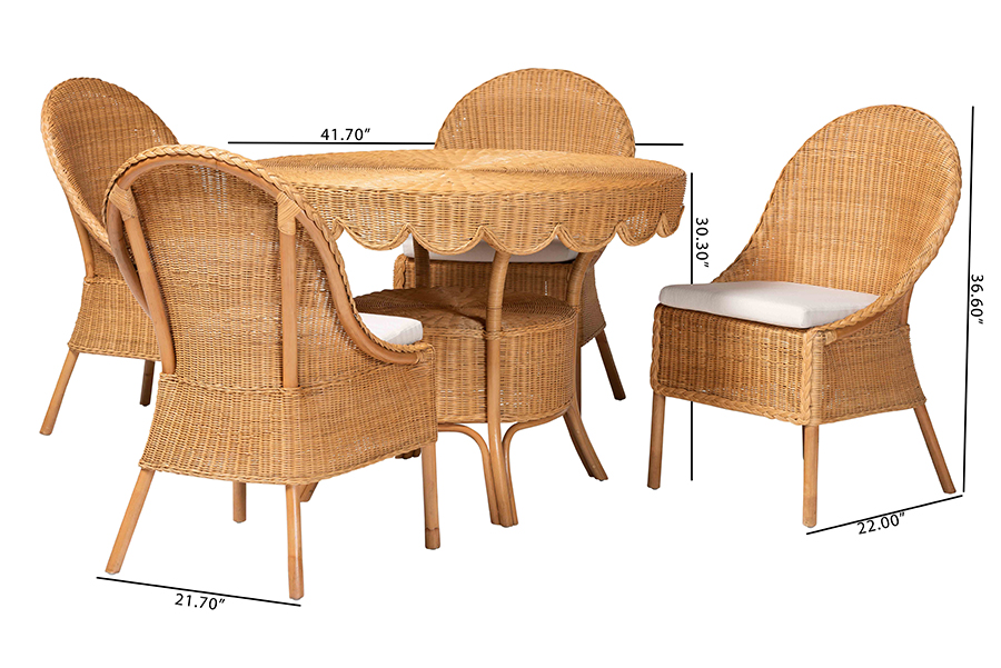 Picture of Bali & Pari 193271491544 30.30 x 41.70 x 41.70 in. Tyrone 5 Piece Round Wicker Table Rattan Dining Set with Scallop Edge & 4 Side Chair, Light Honey