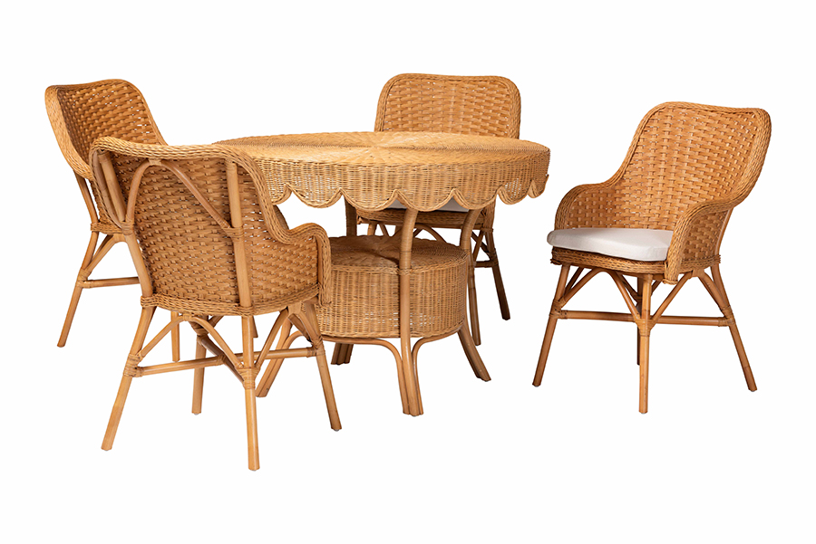 Picture of Bali & Pari 193271491575 30.30 x 41.70 x 41.70 in. Tucson 5 Piece Rattan Round Wicker Table Dining Set with Scallop Edge & 4 Armchairs, Light Honey