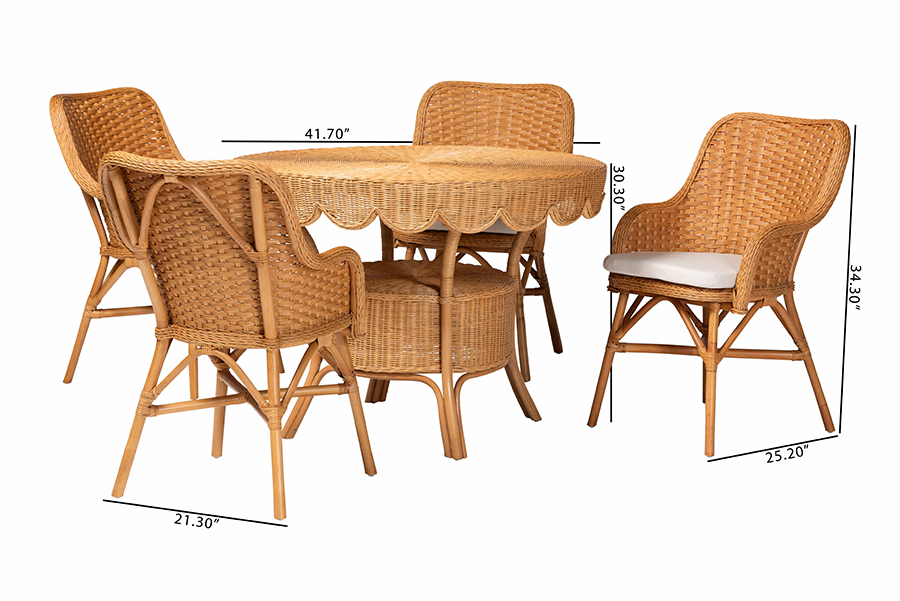 Picture of Bali & Pari 193271491575 30.30 x 41.70 x 41.70 in. Tucson 5 Piece Rattan Round Wicker Table Dining Set with Scallop Edge & 4 Armchairs, Light Honey