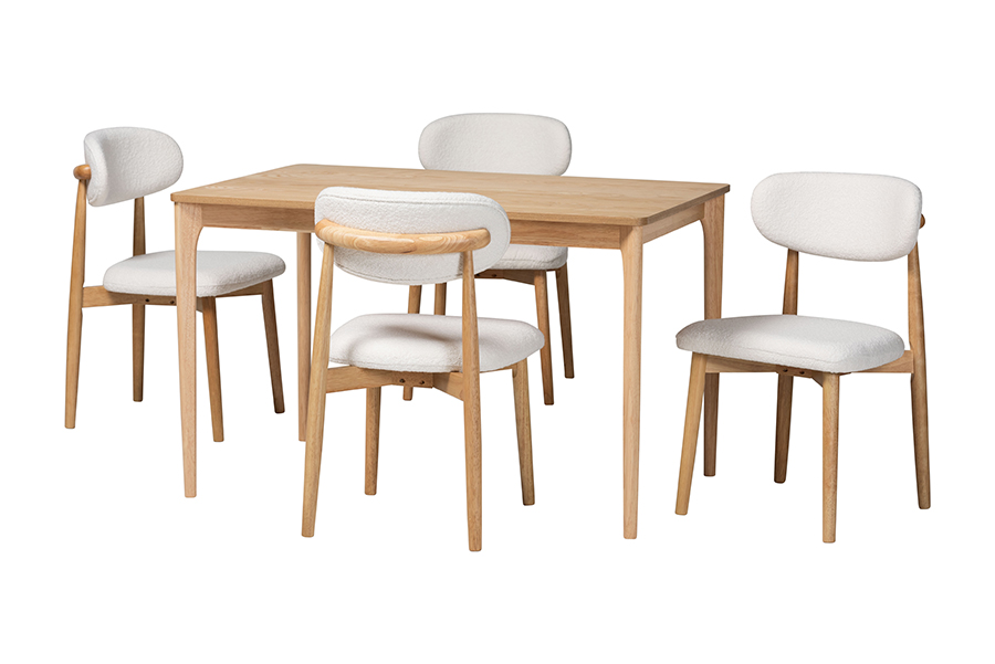 Picture of Baxton Studio 193271465514 29.50 x 47.20 x 29.90 in. Watsu 5 Piece Solid Wood Rectangular Table Dining Set with Boucle Upholstered Chair, White & Natural Brown
