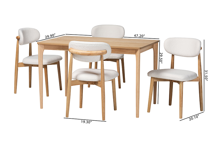 Picture of Baxton Studio 193271465514 29.50 x 47.20 x 29.90 in. Watsu 5 Piece Solid Wood Rectangular Table Dining Set with Boucle Upholstered Chair, White & Natural Brown